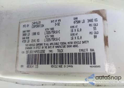 1993 Dodge Ram Van B350 z USA, uszkodzony, nr VIN 2B7JB31Y4PK512292